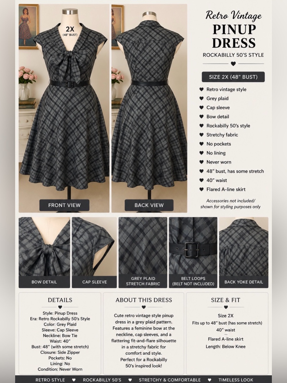 Retro vintage style pinup dress- grey plaid, cap sleeve, bow - Rockabilly 50’s